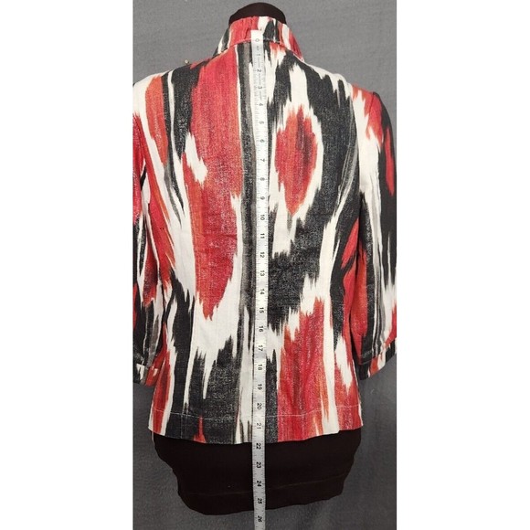 Chico's Red White Black Abstract Shimmer Open Front Linen Blend Jacket Sz 0 S - Picture 4 of 9